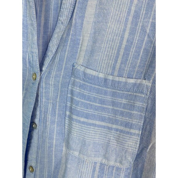 Tahari Linen Blend Blue Striped Button Up Long Sleeve Top Women Large lagenlook - Picture 8 of 14